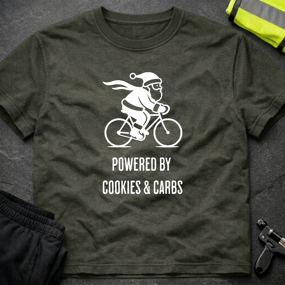 Powered by cookies & carbs Christmas cycling T-Shirt